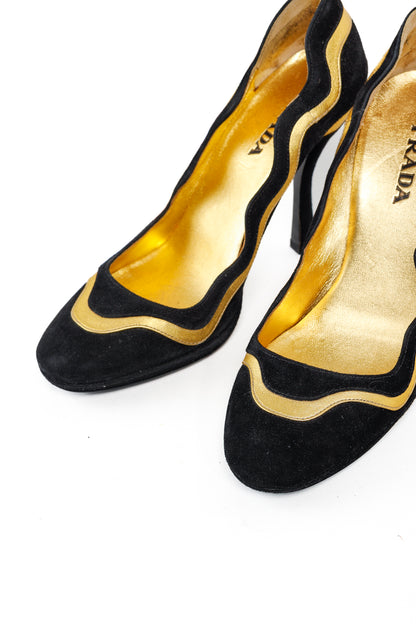 Prada SS/08 Black & Gold Suede Wavy-Stripe Scalloped Heels
