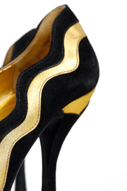 Prada SS/08 Black & Gold Suede Wavy-Stripe Scalloped Heels