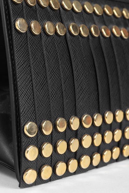 Prada Nero Saffiano Leather Studded Fringe Frame Shoulder Bag
