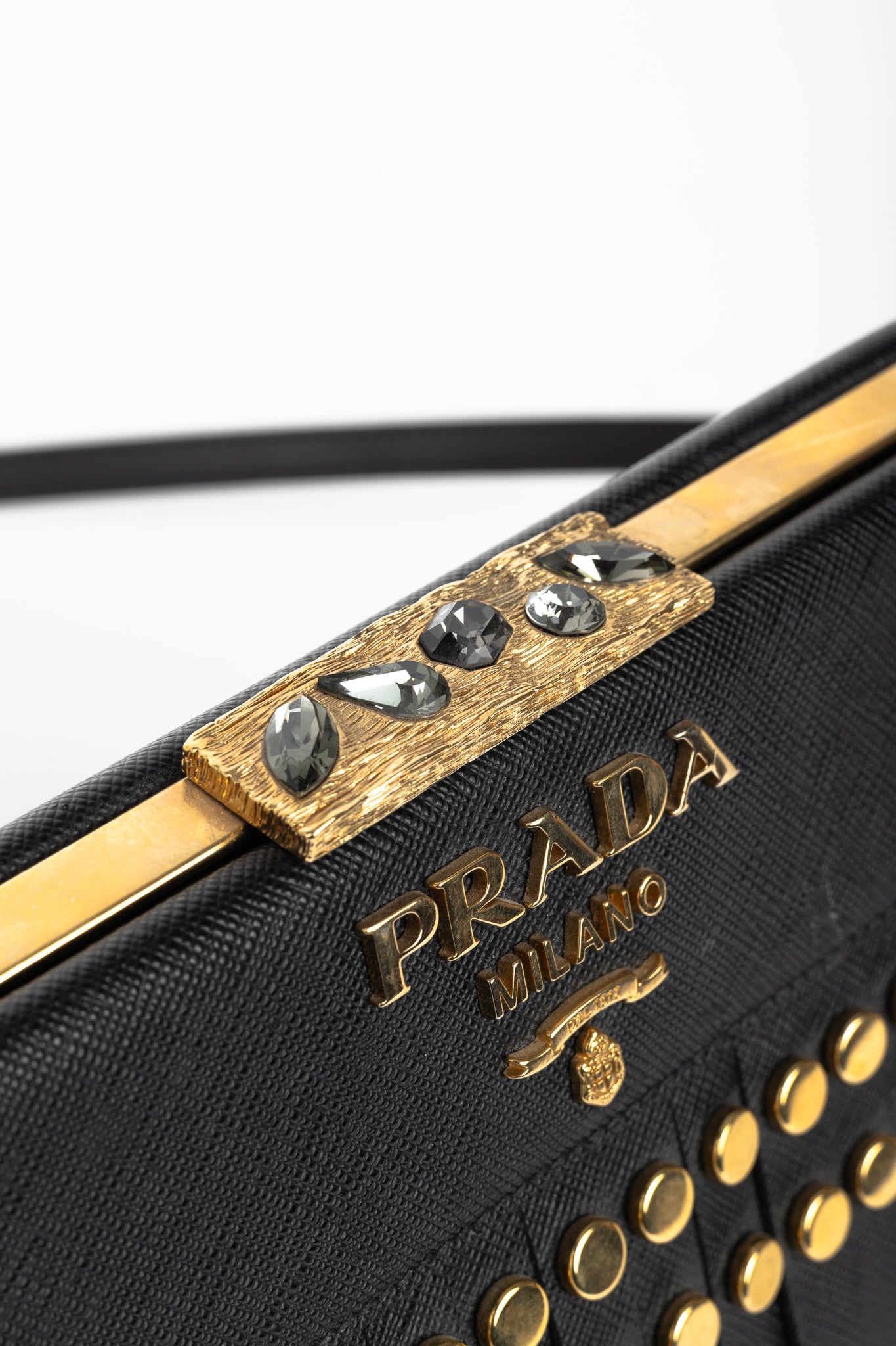 Prada Nero Saffiano Leather Studded Fringe Frame Shoulder Bag