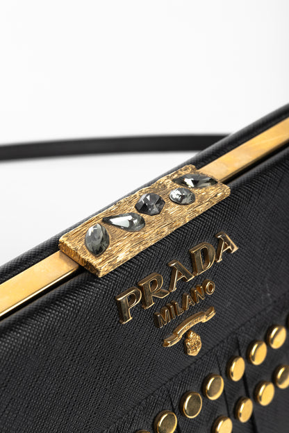 Prada Nero Saffiano Leather Studded Fringe Frame Shoulder Bag