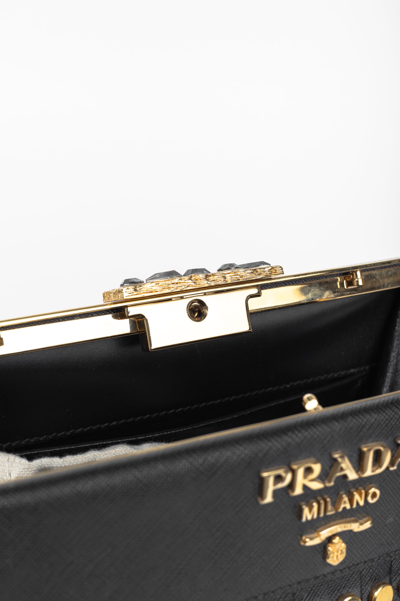 Prada Nero Saffiano Leather Studded Fringe Frame Shoulder Bag