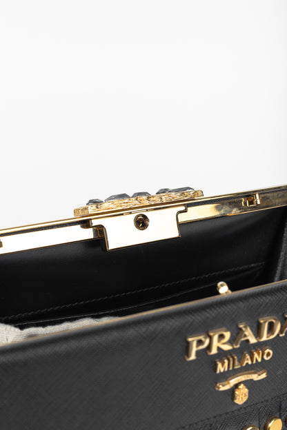 Prada Nero Saffiano Leather Studded Fringe Frame Shoulder Bag