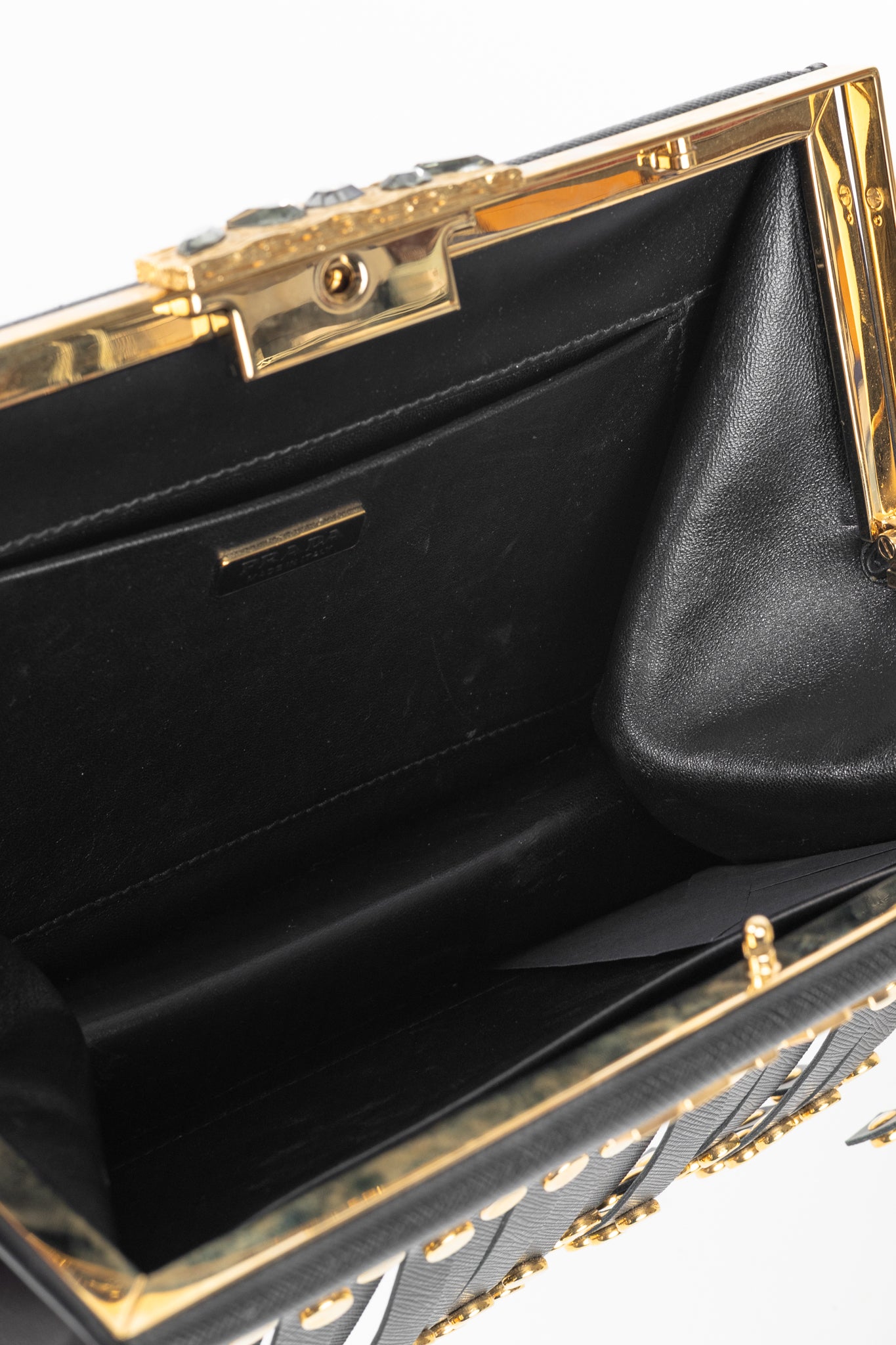 Prada Nero Saffiano Leather Studded Fringe Frame Shoulder Bag