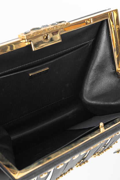 Prada Nero Saffiano Leather Studded Fringe Frame Shoulder Bag