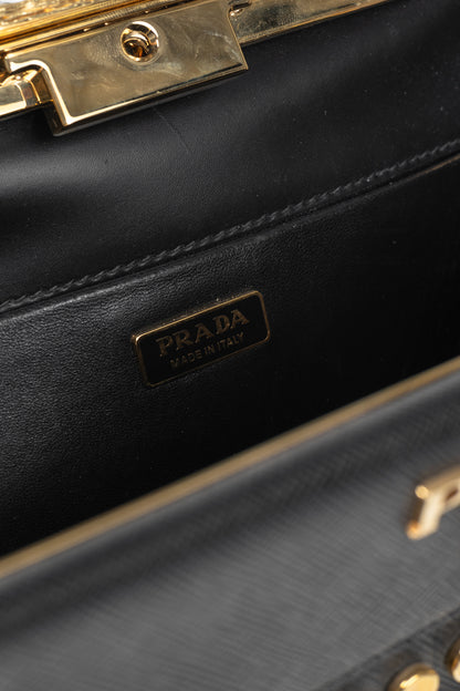 Prada Nero Saffiano Leather Studded Fringe Frame Shoulder Bag