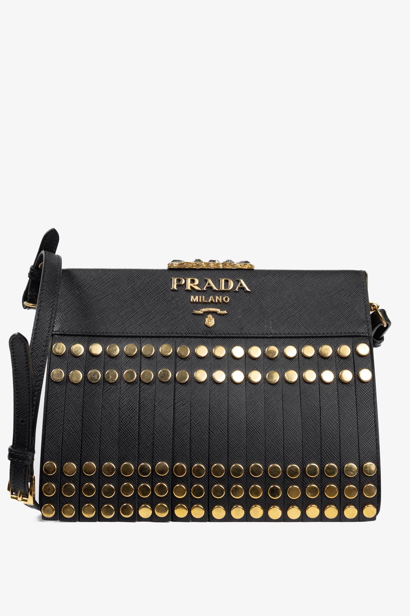 Prada Nero Saffiano Leather Studded Fringe Frame Shoulder Bag