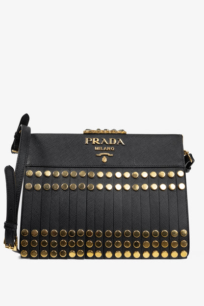 Prada Nero Saffiano Leather Studded Fringe Frame Shoulder Bag