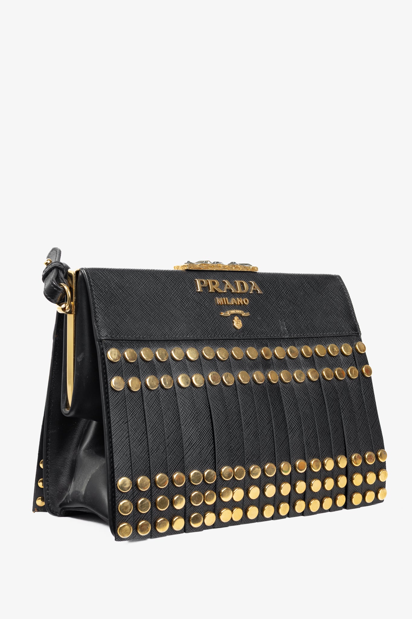 Prada Nero Saffiano Leather Studded Fringe Frame Shoulder Bag