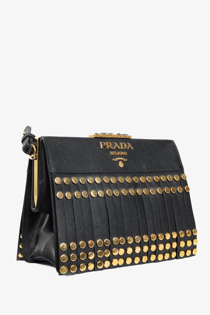 Prada Nero Saffiano Leather Studded Fringe Frame Shoulder Bag