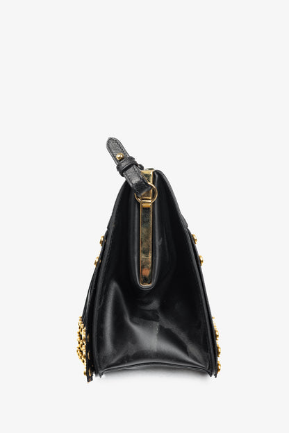 Prada Nero Saffiano Leather Studded Fringe Frame Shoulder Bag