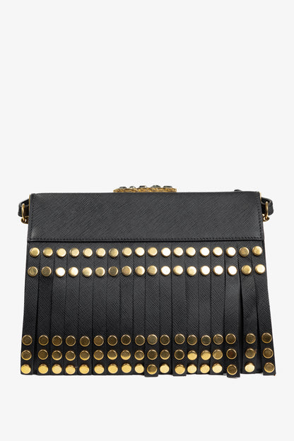 Prada Nero Saffiano Leather Studded Fringe Frame Shoulder Bag