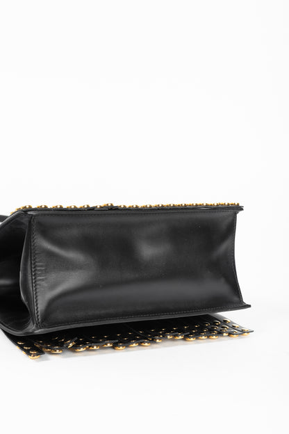 Prada Nero Saffiano Leather Studded Fringe Frame Shoulder Bag