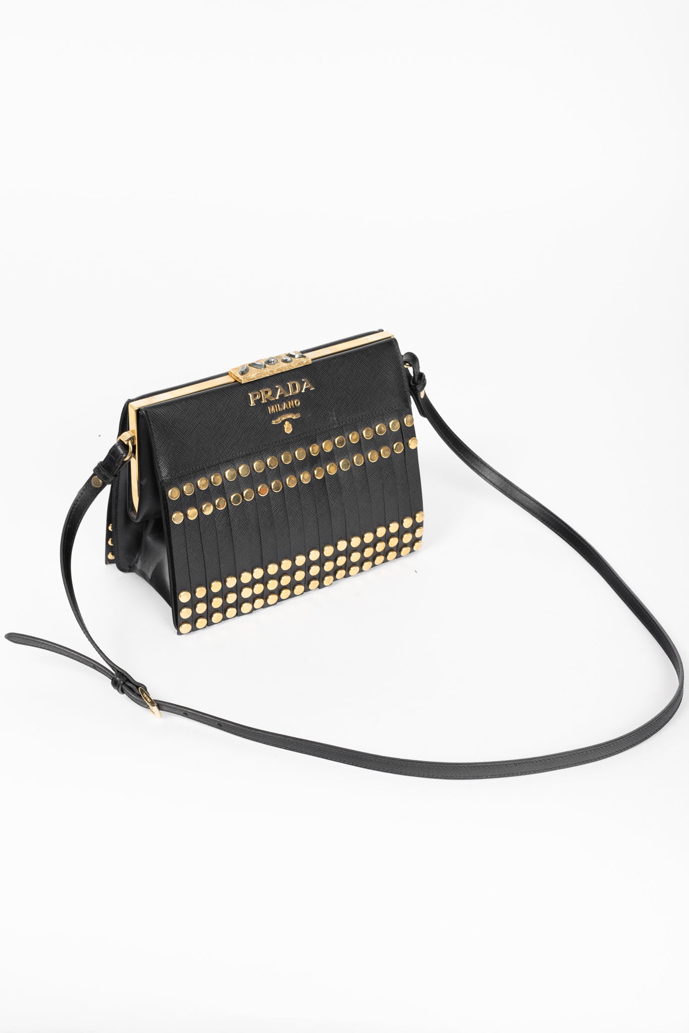 Prada Nero Saffiano Leather Studded Fringe Frame Shoulder Bag