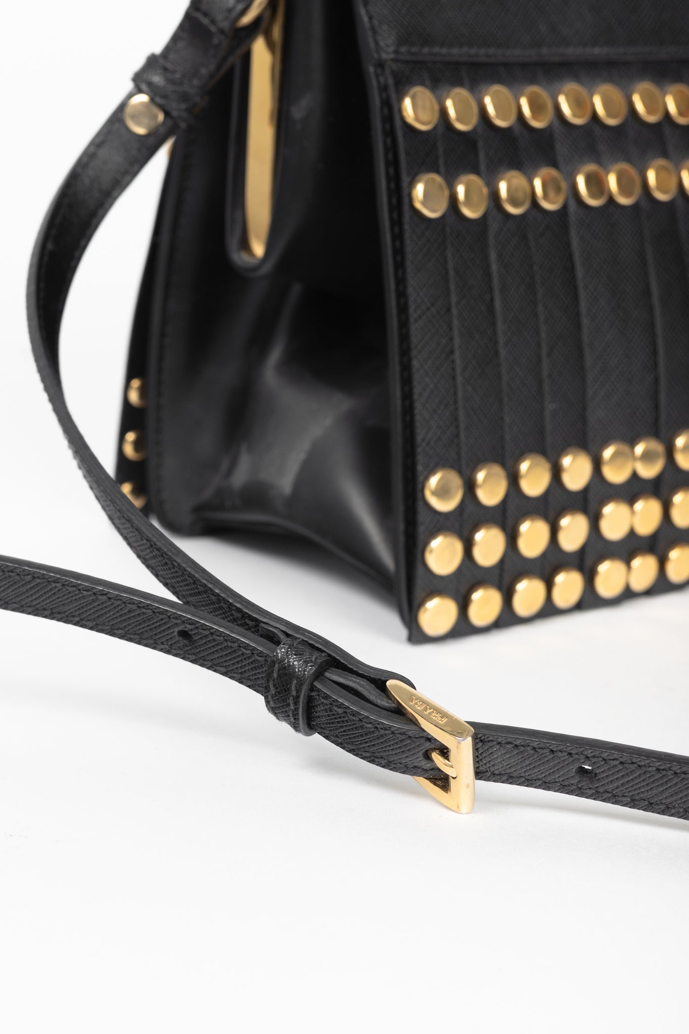 Prada Nero Saffiano Leather Studded Fringe Frame Shoulder Bag