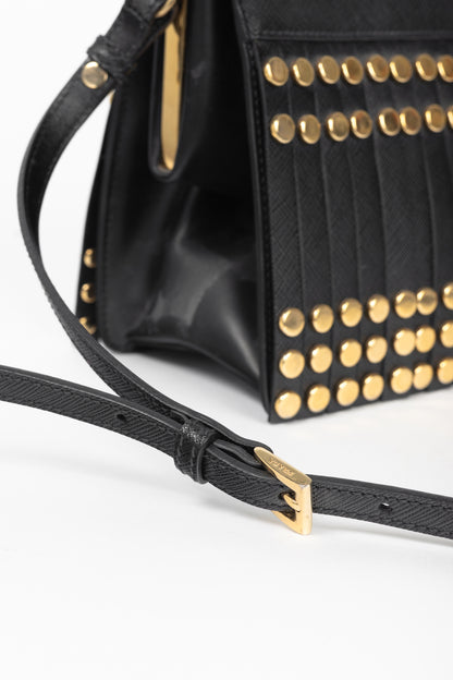 Prada Nero Saffiano Leather Studded Fringe Frame Shoulder Bag