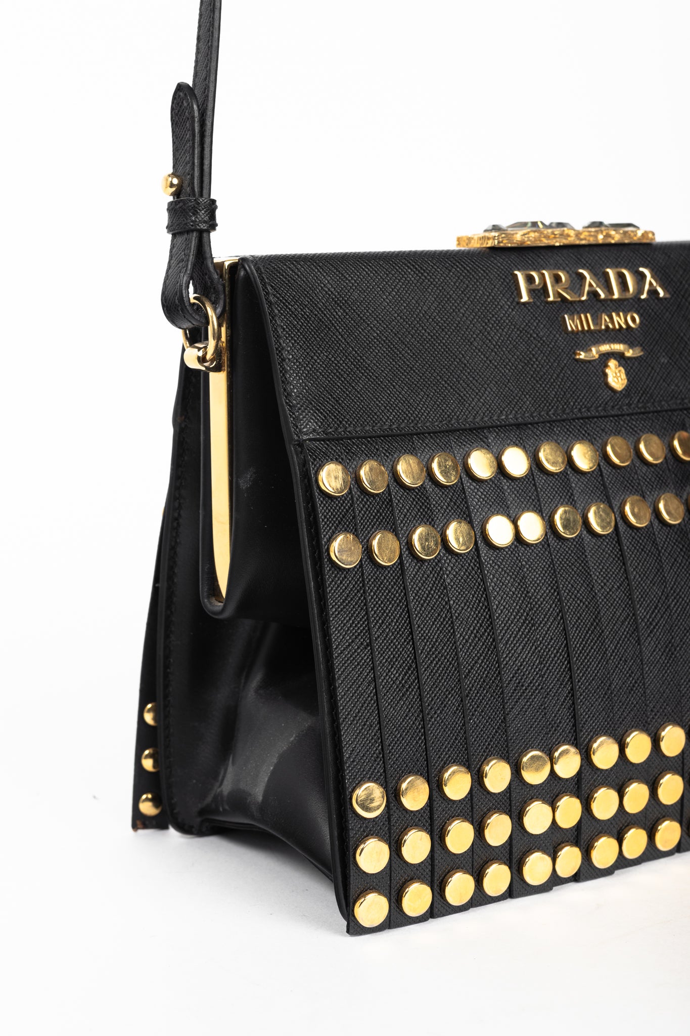 Prada Nero Saffiano Leather Studded Fringe Frame Shoulder Bag