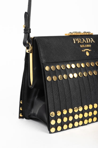 Prada Nero Saffiano Leather Studded Fringe Frame Shoulder Bag