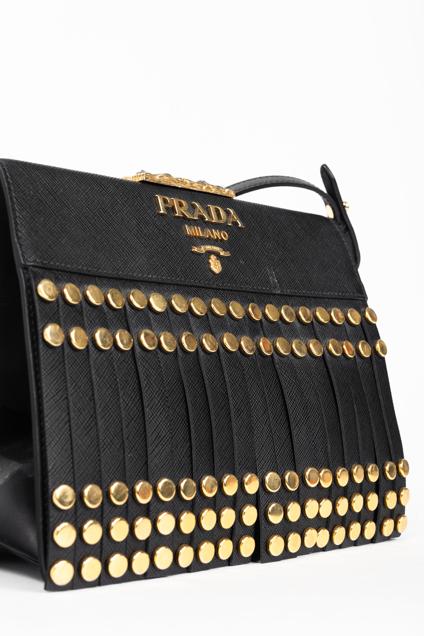 Prada Nero Saffiano Leather Studded Fringe Frame Shoulder Bag