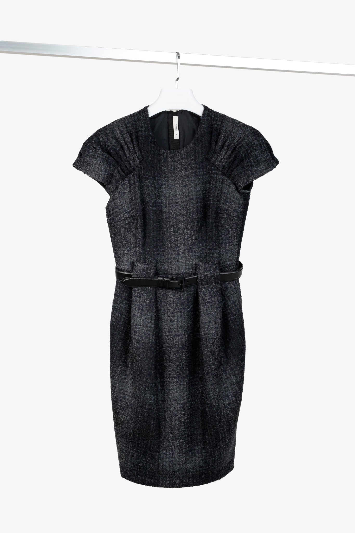 Prada 2009 Grey Tweed Belted Cap-Sleeve Knee-Length Dress