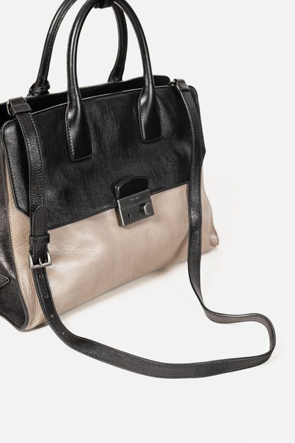 Prada Pomice & Nero Glace Calf Leather Two-Tone Tote
