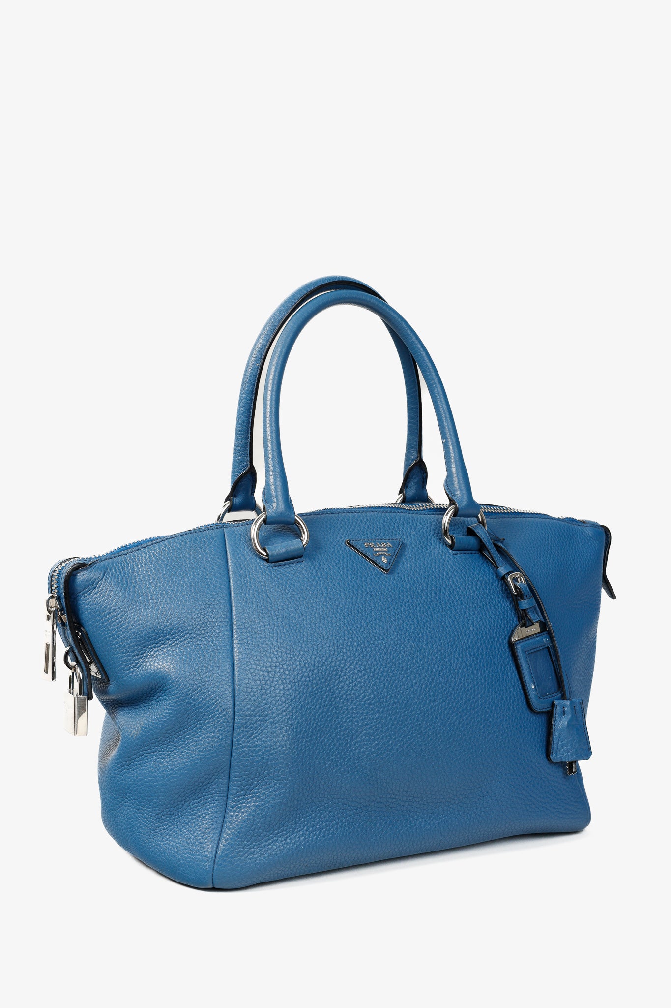 Prada Vitello Daino Double Handle Satchel Bag in Cobalto Blue