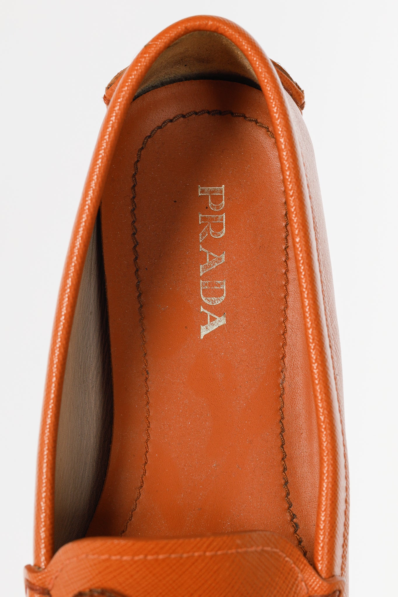 Prada Orange Saffiano Leather Tassel-Bow Loafers