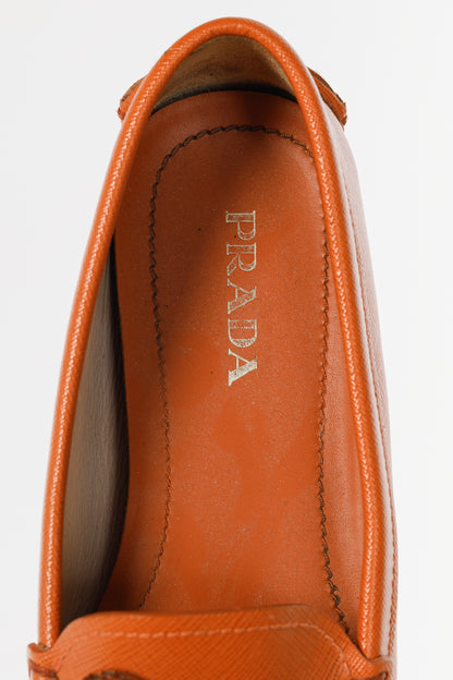Prada Orange Saffiano Leather Tassel-Bow Loafers