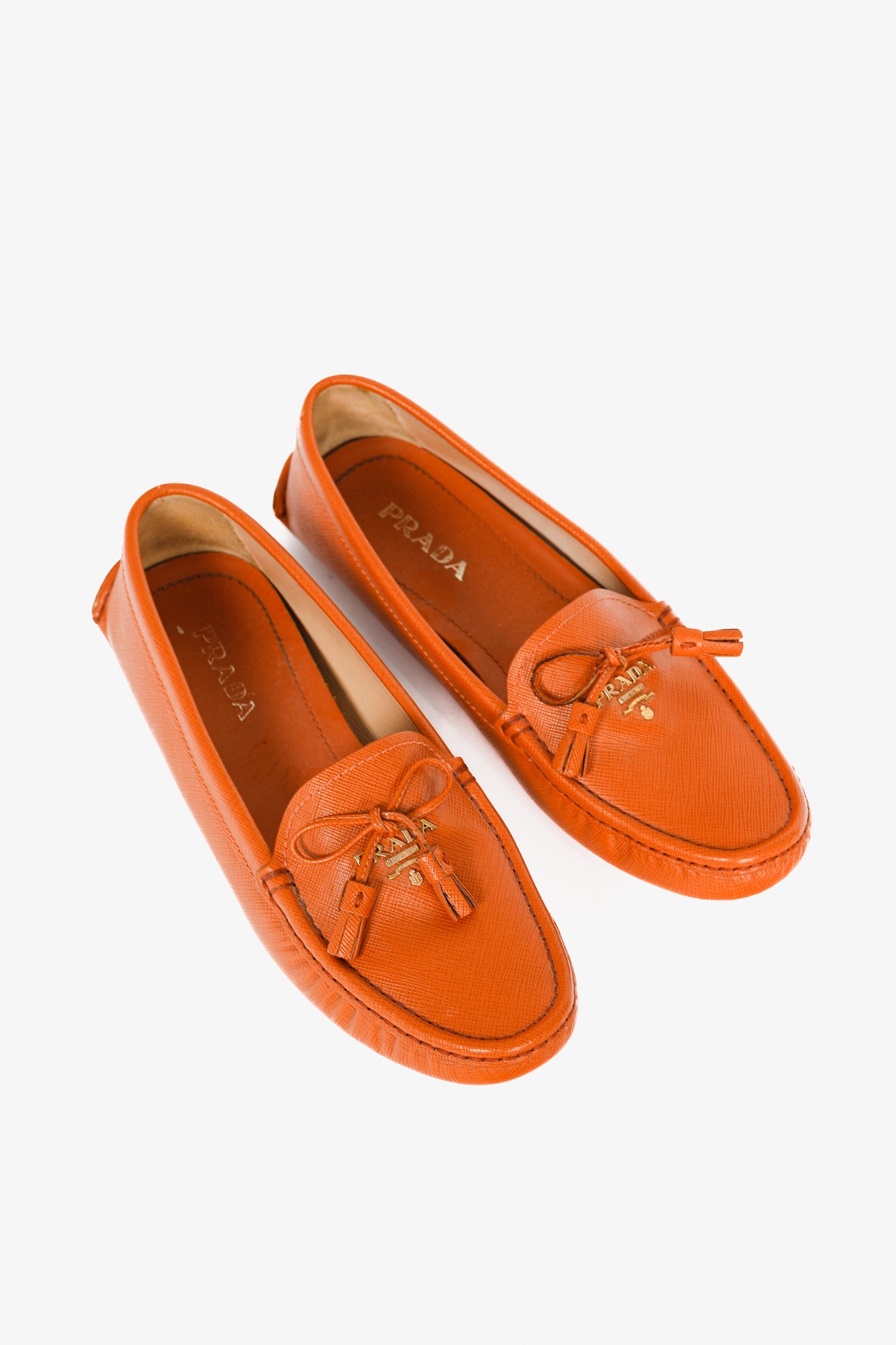 Prada Orange Saffiano Leather Tassel-Bow Loafers