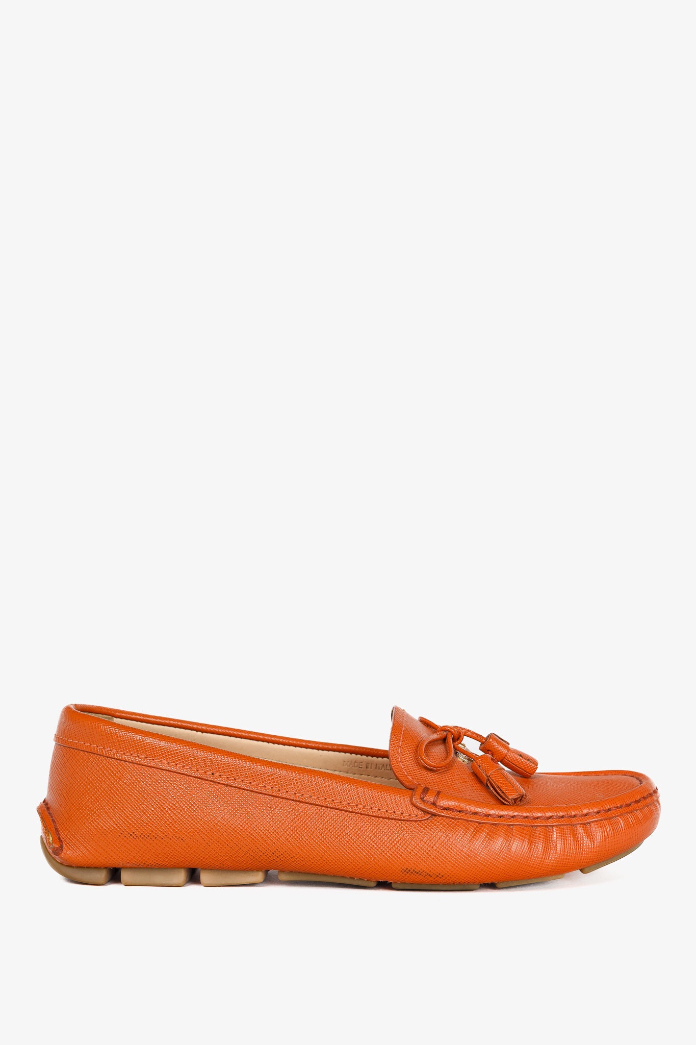 Prada Orange Saffiano Leather Tassel-Bow Loafers