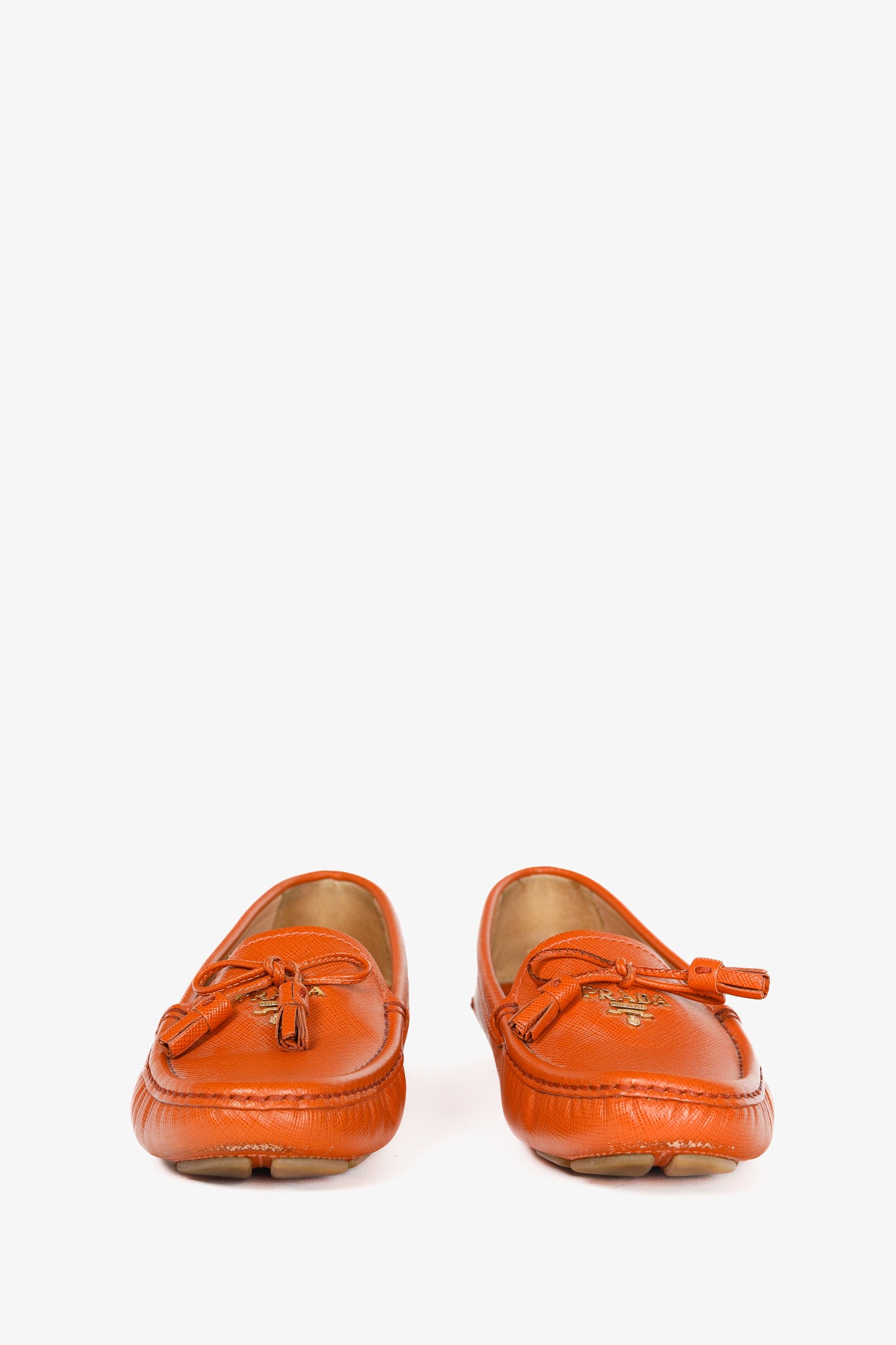 Prada Orange Saffiano Leather Tassel-Bow Loafers