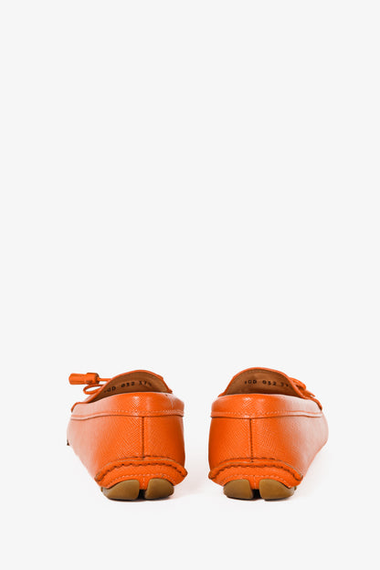 Prada Orange Saffiano Leather Tassel-Bow Loafers