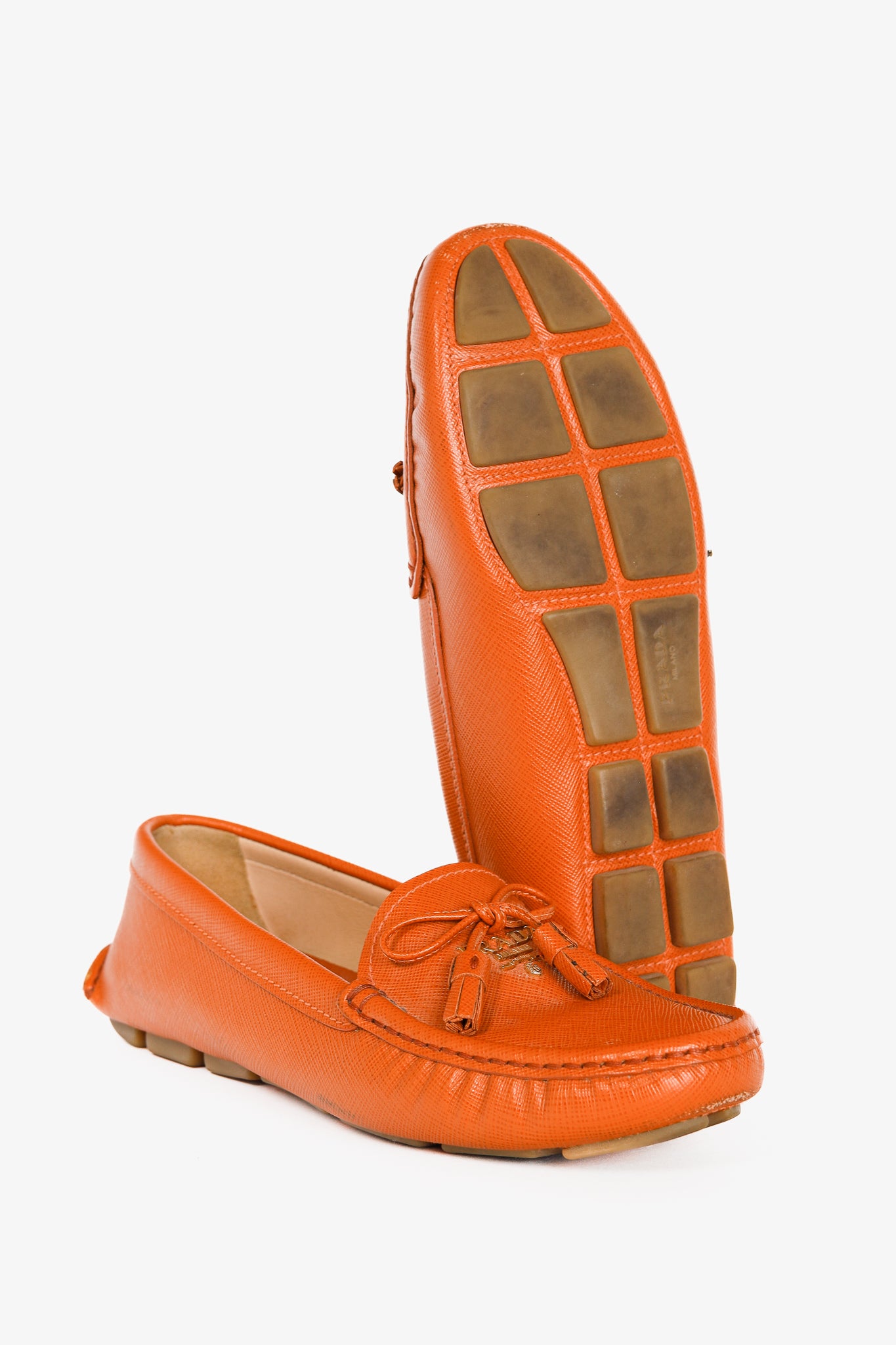 Prada Orange Saffiano Leather Tassel-Bow Loafers