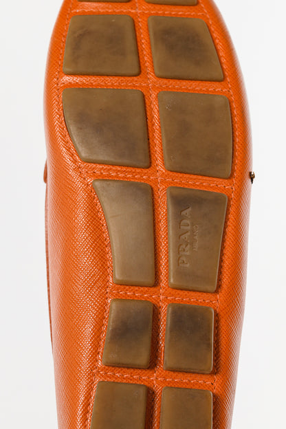 Prada Orange Saffiano Leather Tassel-Bow Loafers