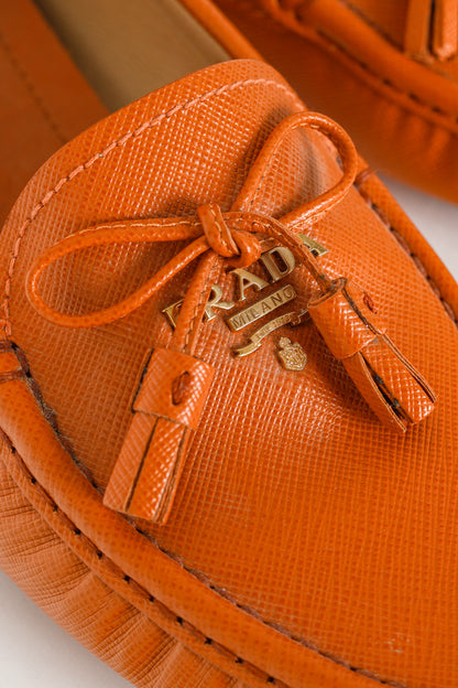 Prada Orange Saffiano Leather Tassel-Bow Loafers