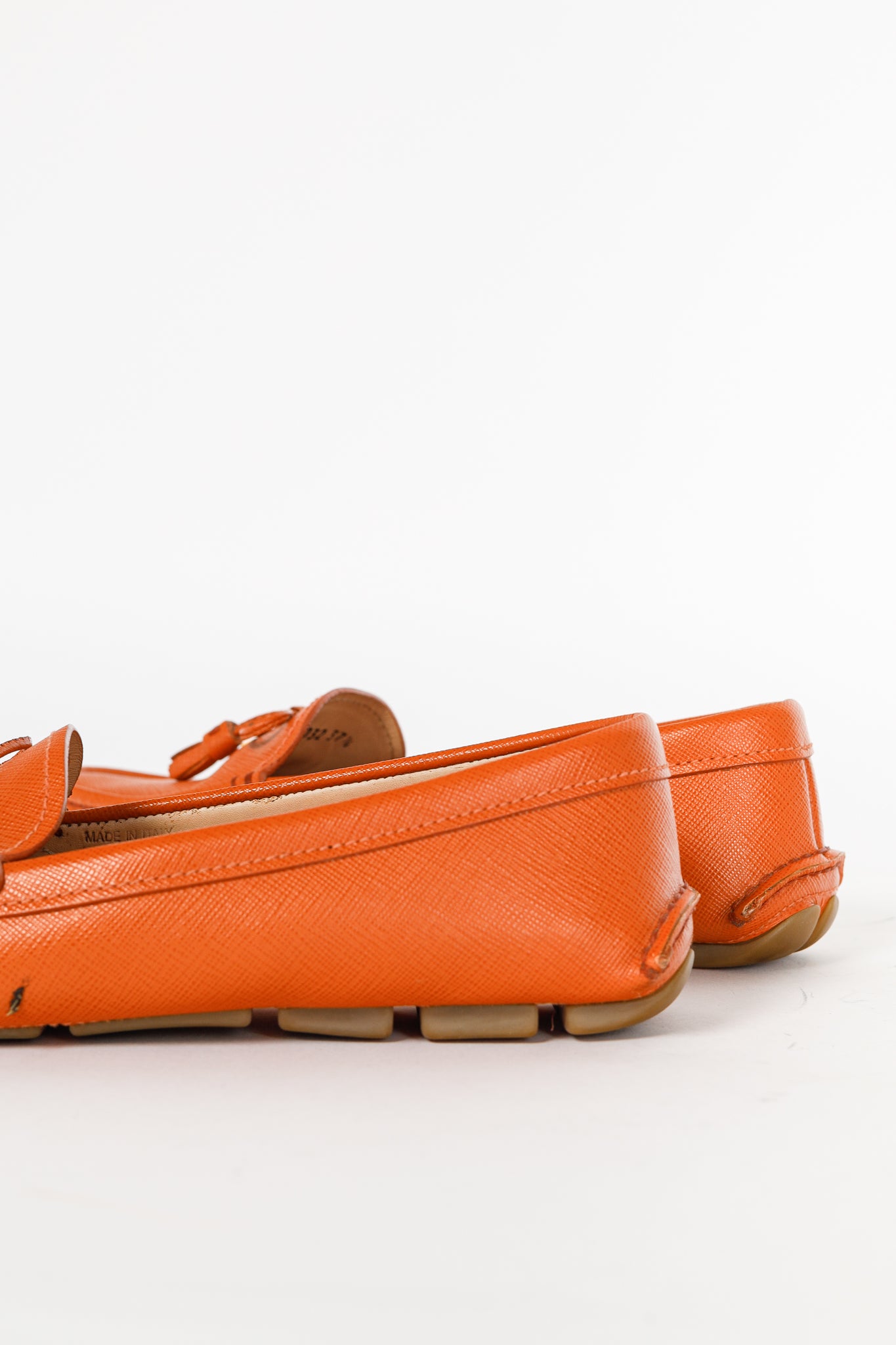 Prada Orange Saffiano Leather Tassel-Bow Loafers