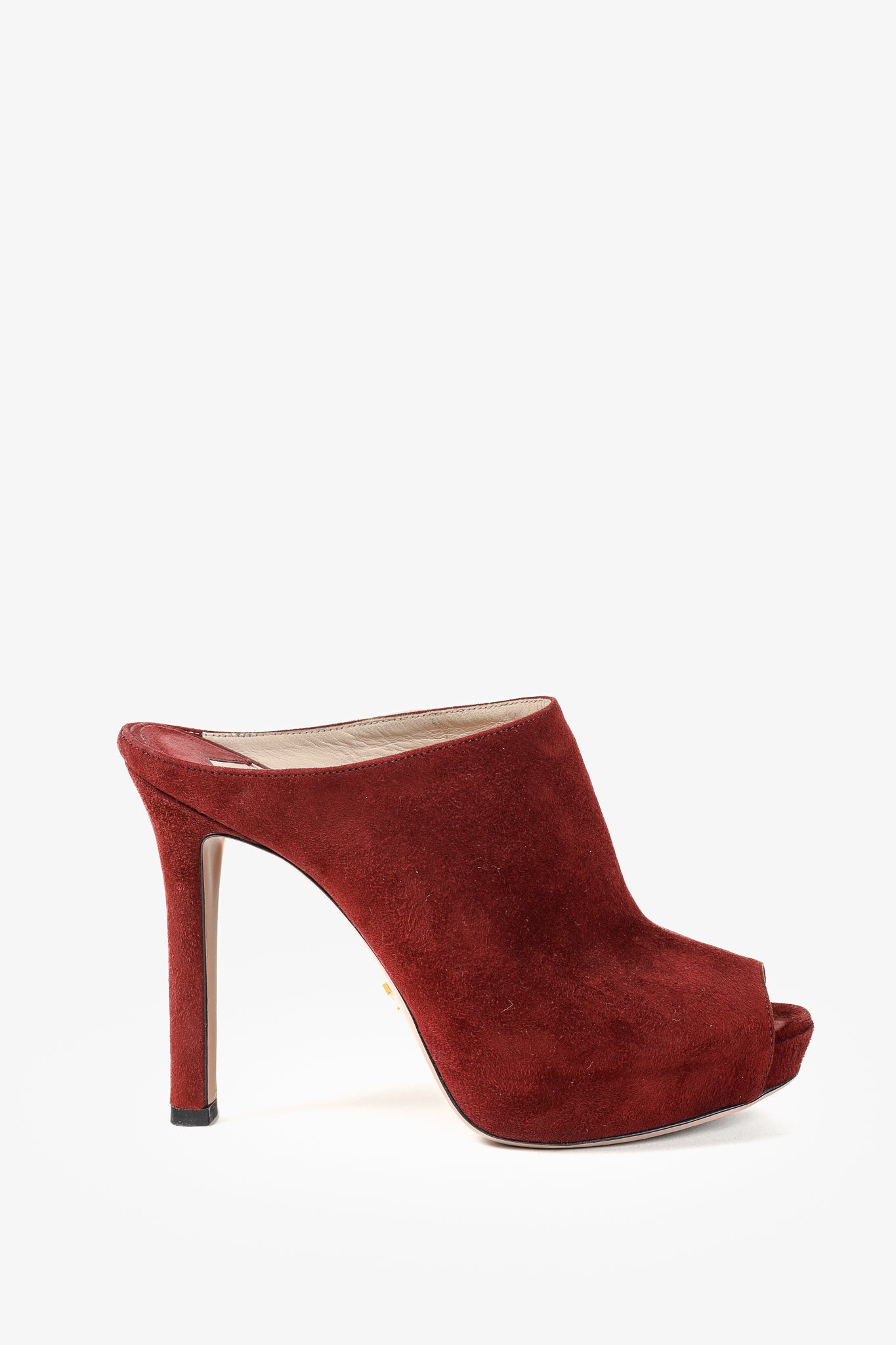 Prada Burgundy Suede Peep Toe Stiletto Heel Slide Mule Platform Pump