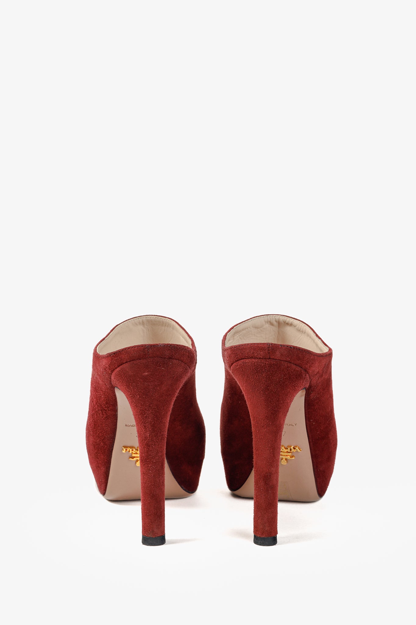 Prada Burgundy Suede Peep Toe Stiletto Heel Slide Mule Platform Pump