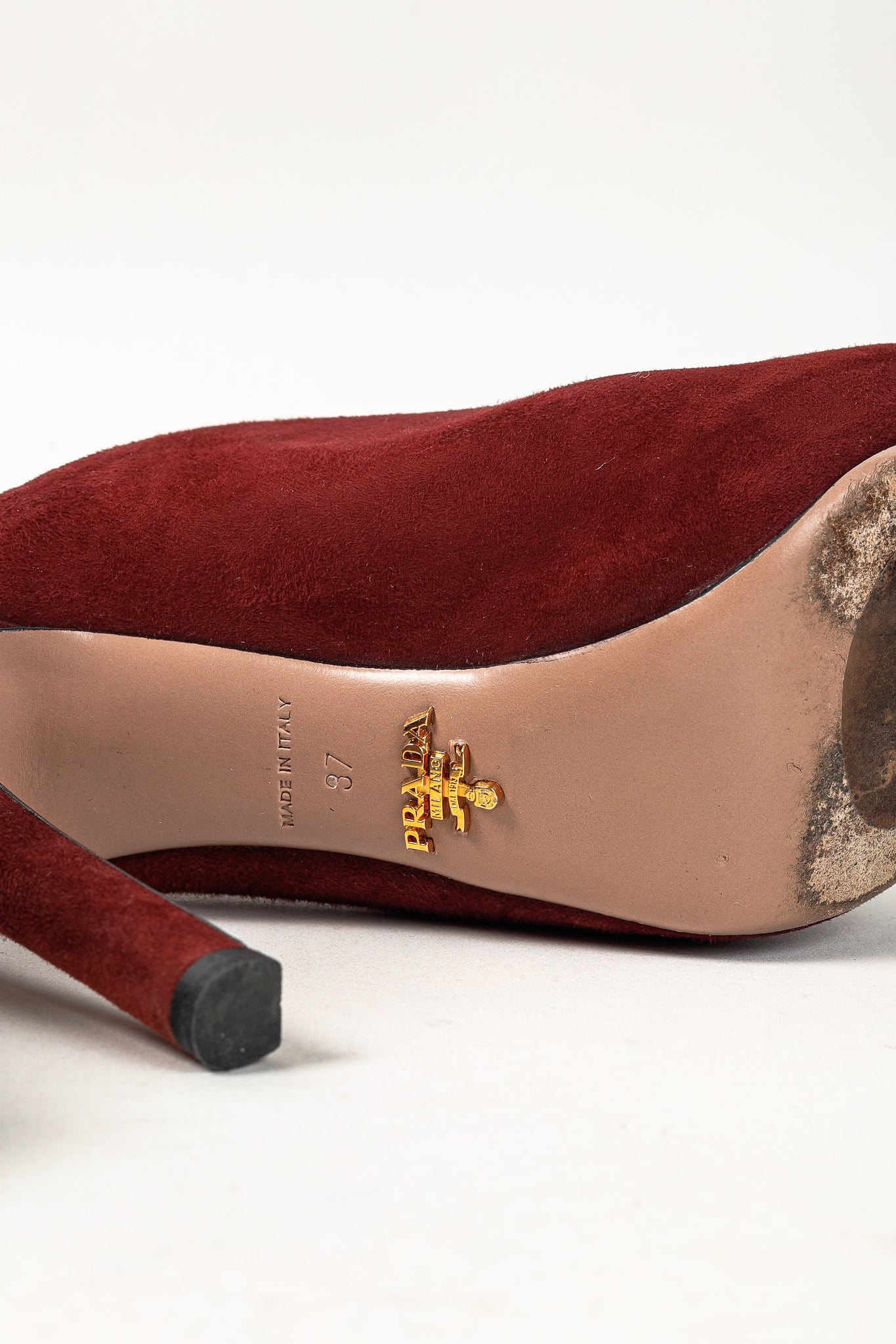 Prada Burgundy Suede Peep Toe Stiletto Heel Slide Mule Platform Pump