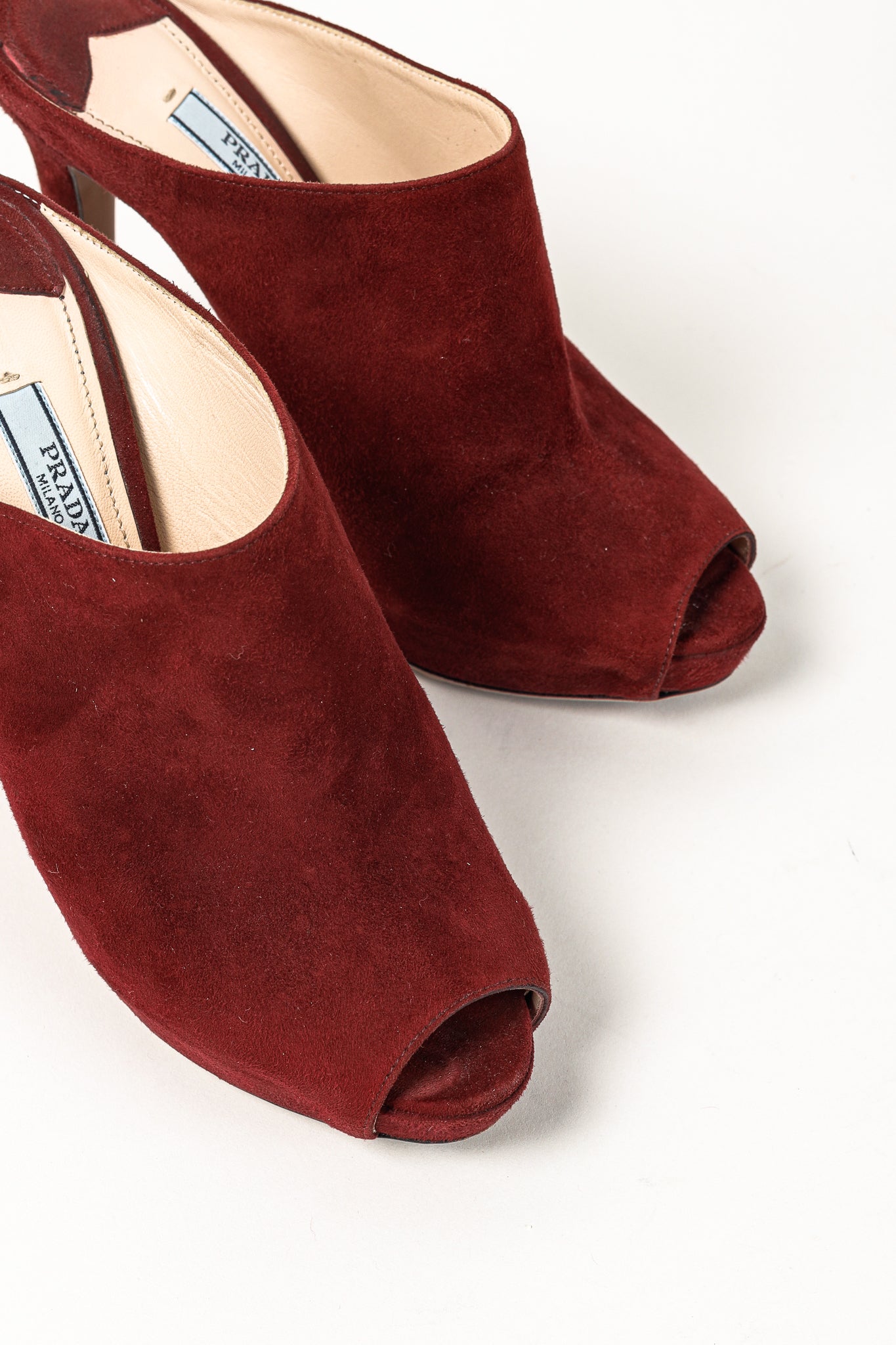 Prada Burgundy Suede Peep Toe Stiletto Heel Slide Mule Platform Pump