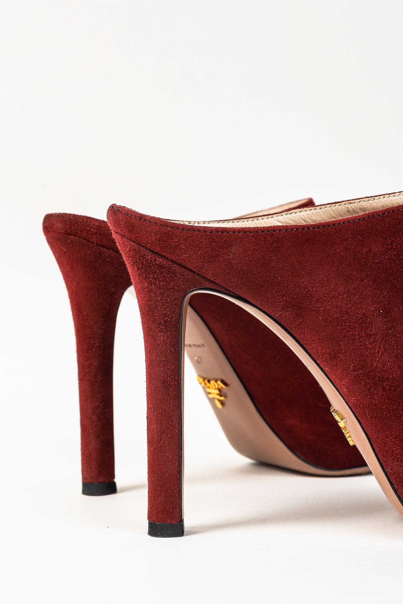 Prada Burgundy Suede Peep Toe Stiletto Heel Slide Mule Platform Pump