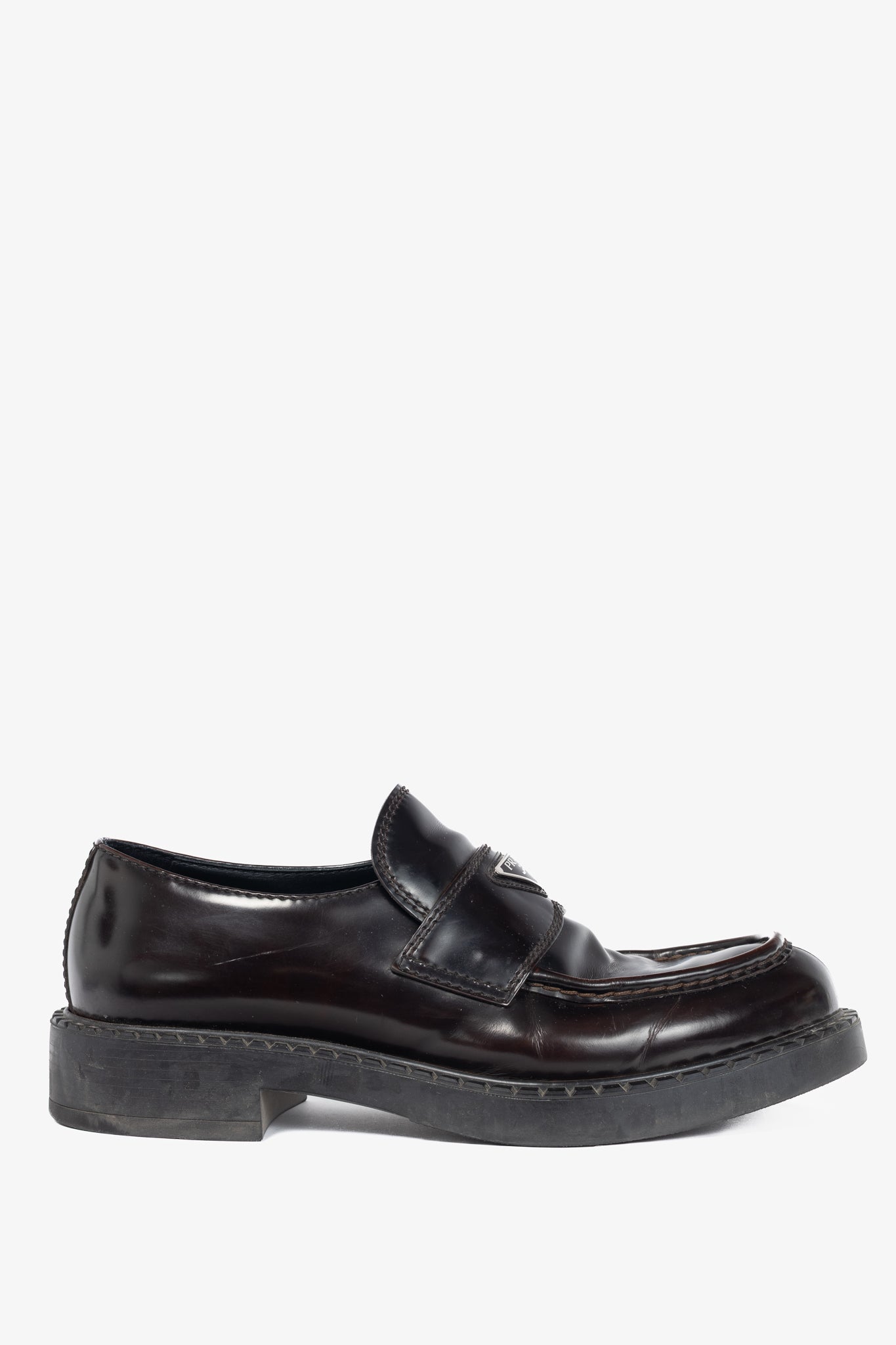 Prada Chocolate Logo-Plaque Leather Loafers