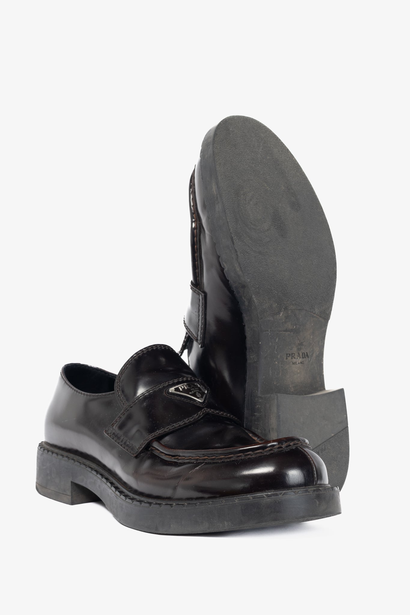 Prada Chocolate Logo-Plaque Leather Loafers