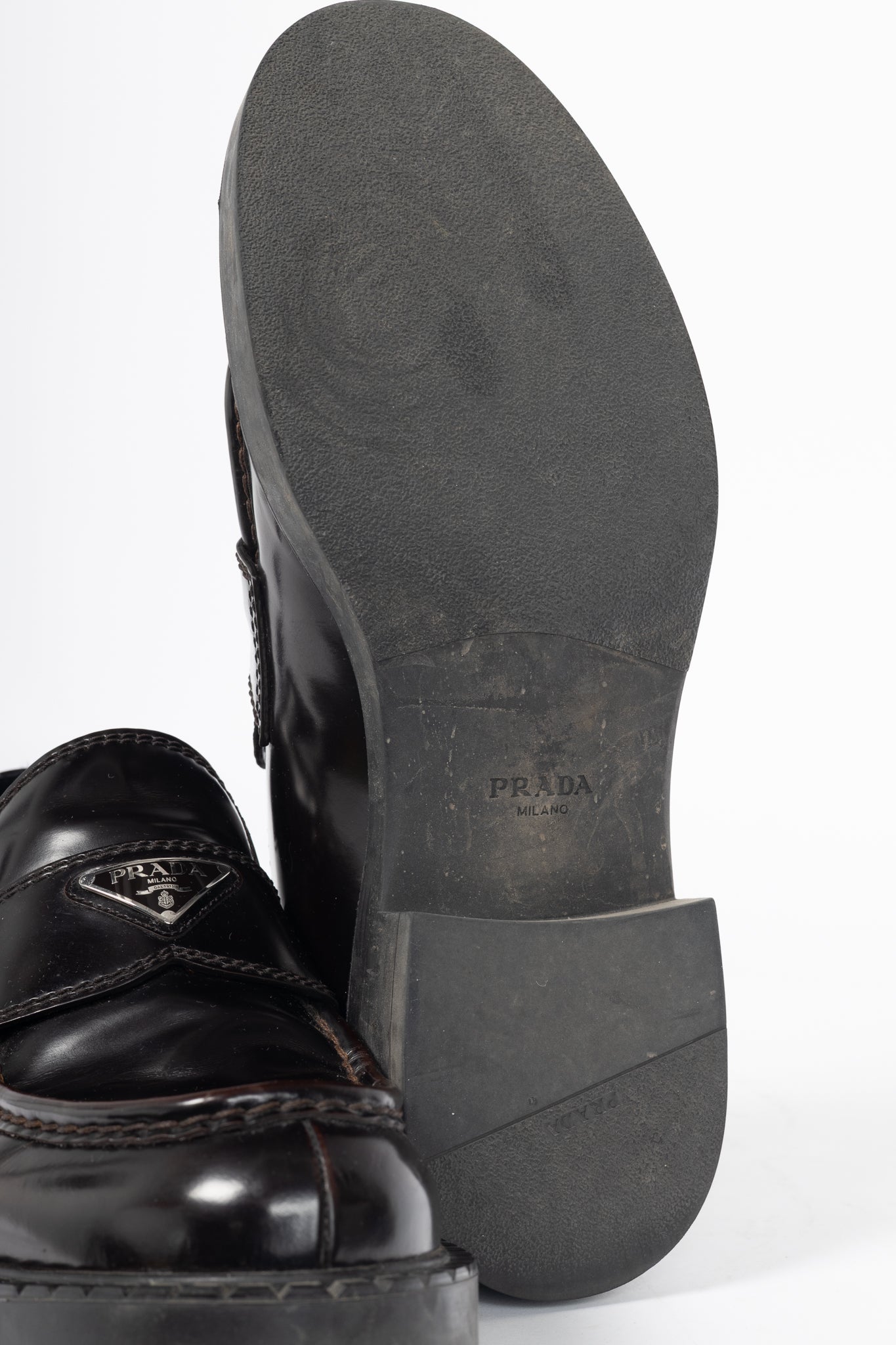 Prada Chocolate Logo-Plaque Leather Loafers
