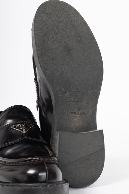 Prada Chocolate Logo-Plaque Leather Loafers