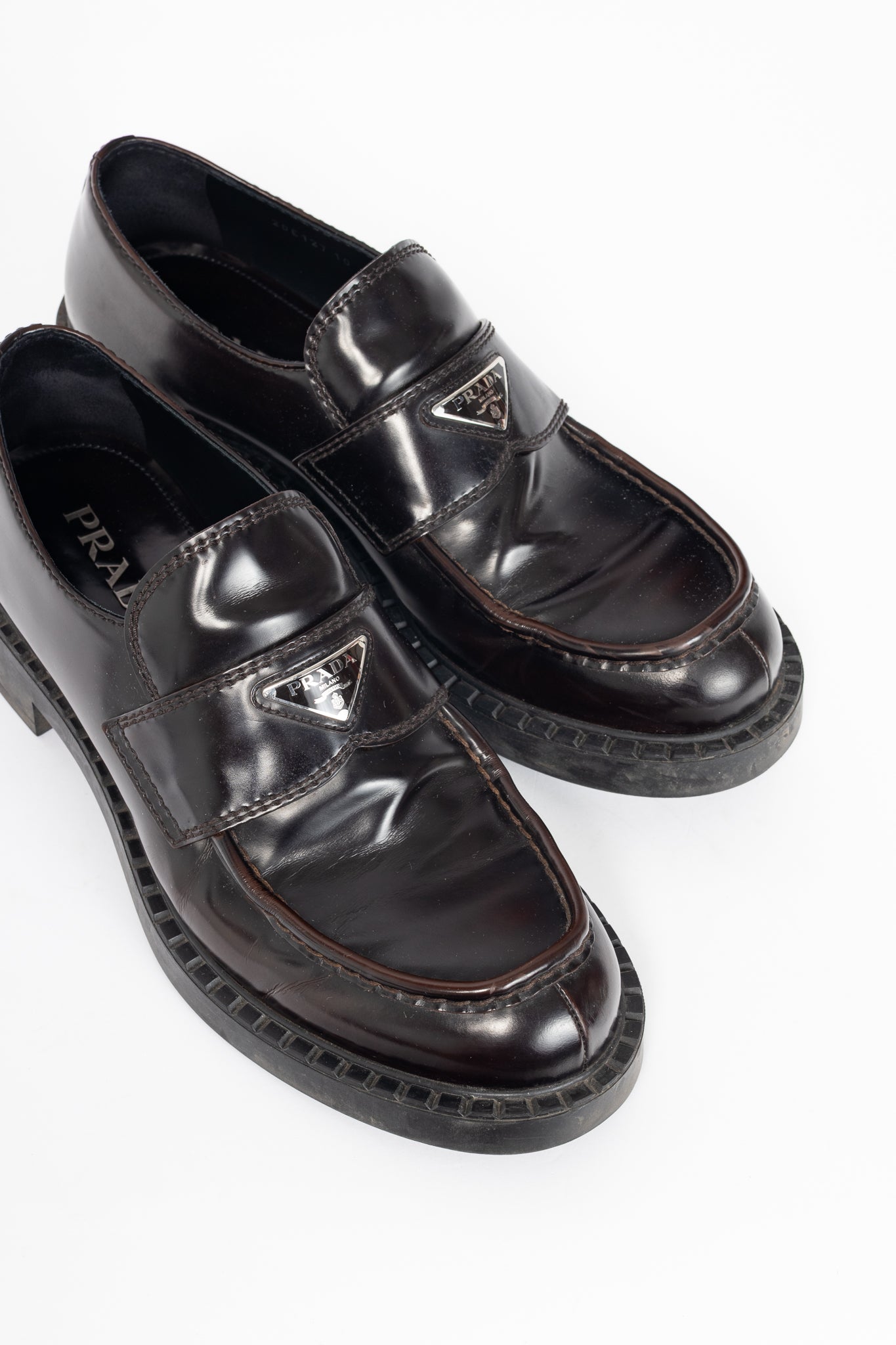 Prada Chocolate Logo-Plaque Leather Loafers