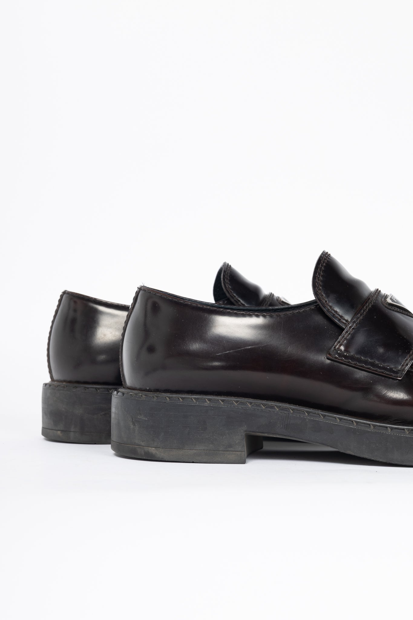 Prada Chocolate Logo-Plaque Leather Loafers