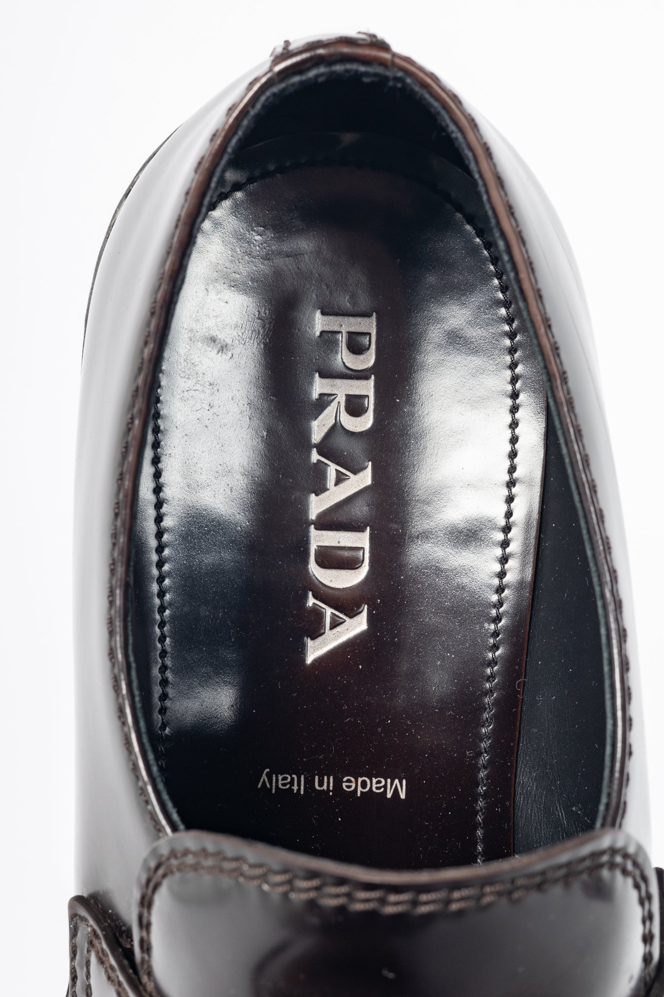 Prada Chocolate Logo-Plaque Leather Loafers