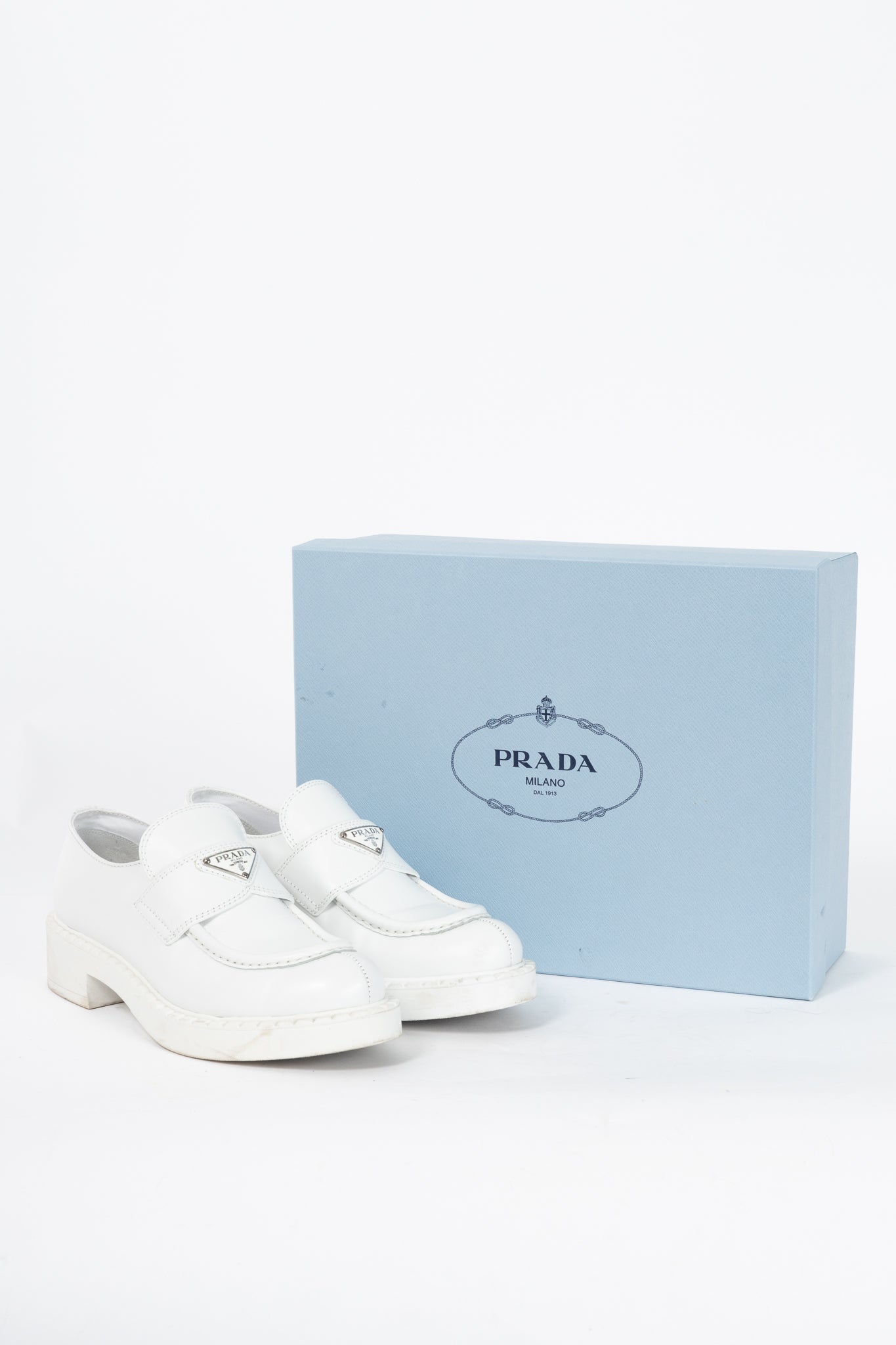 Prada Bianco Spazzolato Rois Leather Platform Logo Loafers