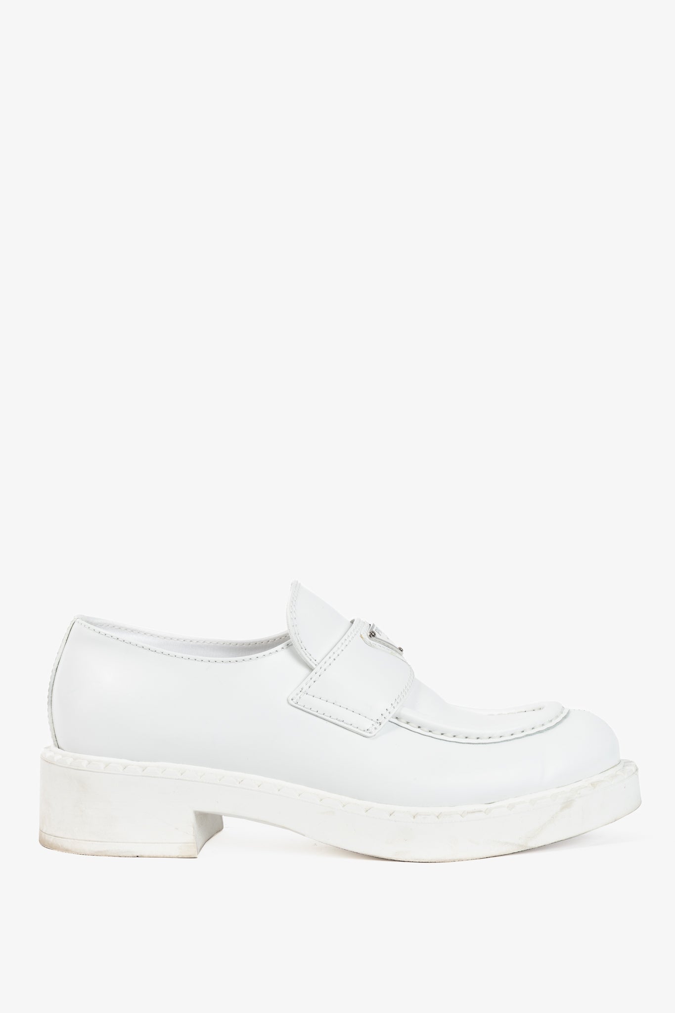 Prada Bianco Spazzolato Rois Leather Platform Logo Loafers